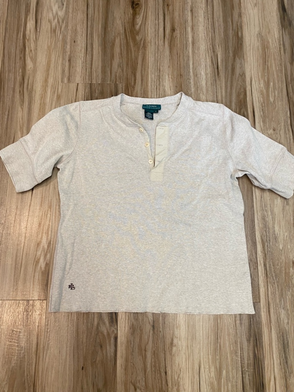 LAUREN RALPH LAUREN HENLEY NECK 100% COTTON BEIGE SHORT SLEEVE WOMENS SZ LARGE
